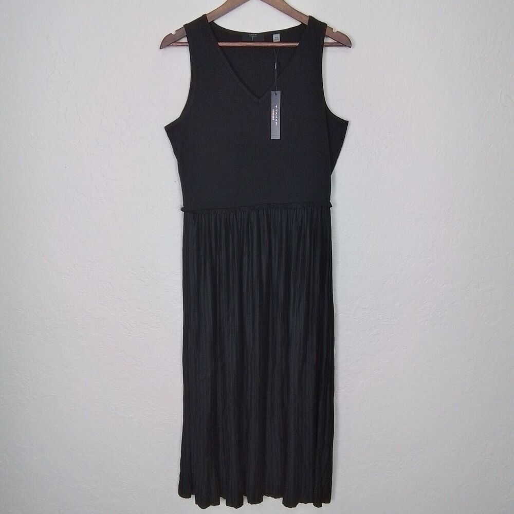 Tahari Solid Black Elastic Waist V-Neck Sleeveless Pleated Maxi Dress‎ Size M